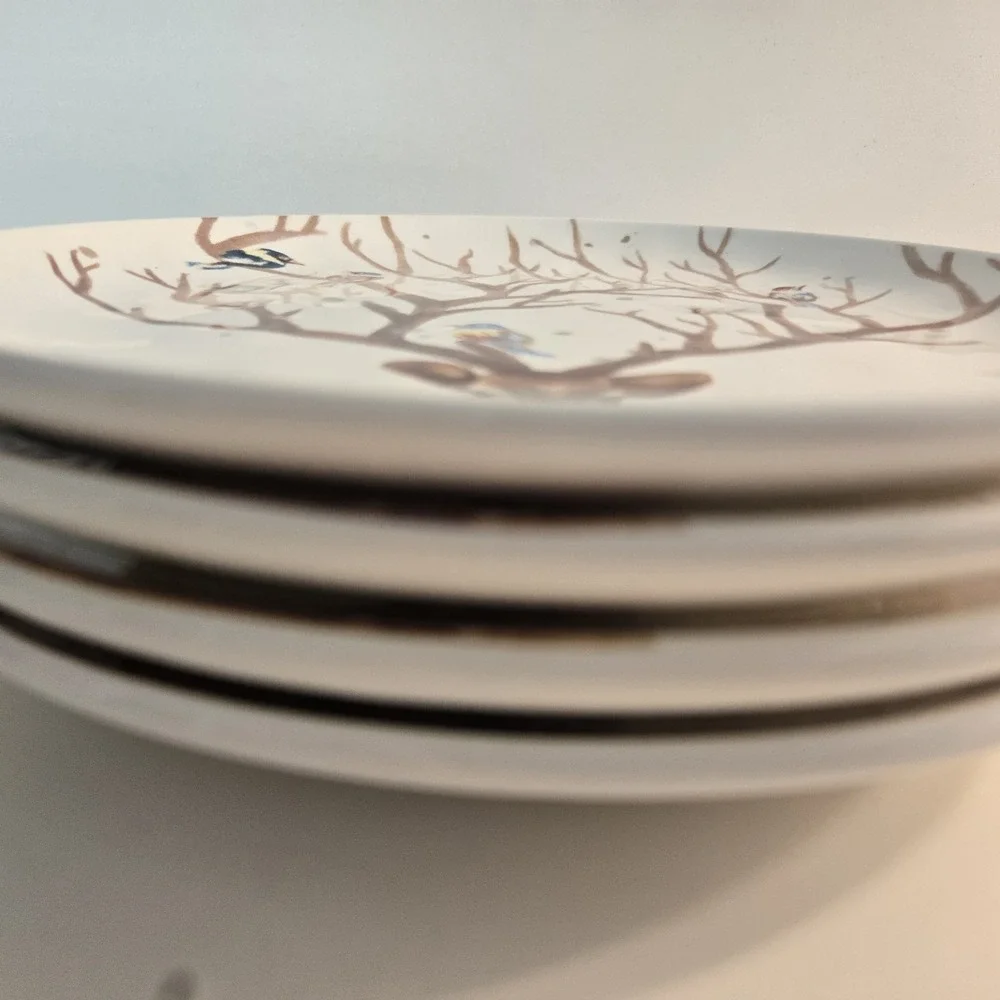 4pc Pier One Imports Salad Plates Reindeer w/ Birds Alexander Brunch Holiday 8.5